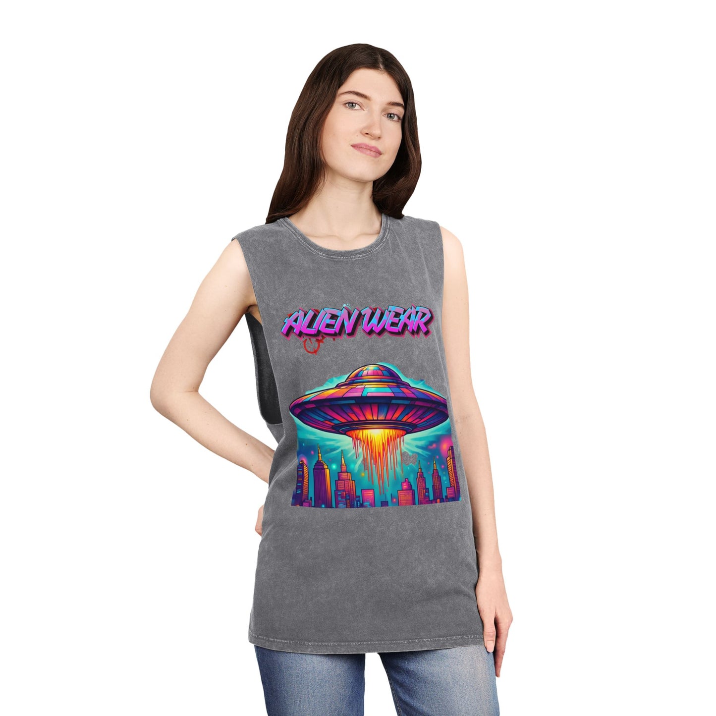 Unisex Alien Wear Stonewash Tank Top, Graphic Tees, Vintage Aesthetic Summer Shirt, Perfect for Parties, Music Festivals, Casual Wear