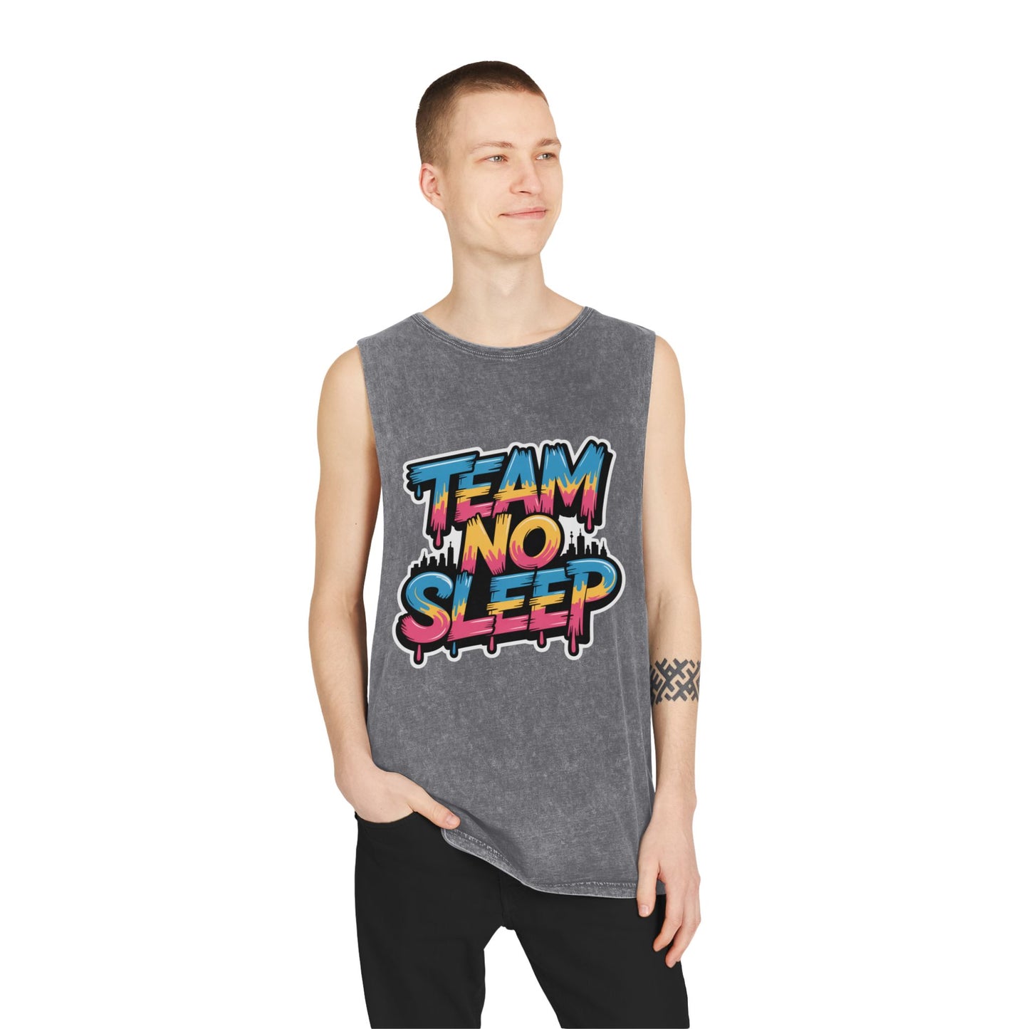 Stonewash Tank Top - Team No Sleep Graphic Tee, Unisex Summer Wear, Casual Fitness Shirt, Cool Gift for Night Owls, Party Apparel