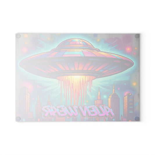 Alien-Themed Glass Cutting Board, Unique Kitchen Gift, Retro Decor, Cosmic Cooking Accessory, Fun Housewarming Present