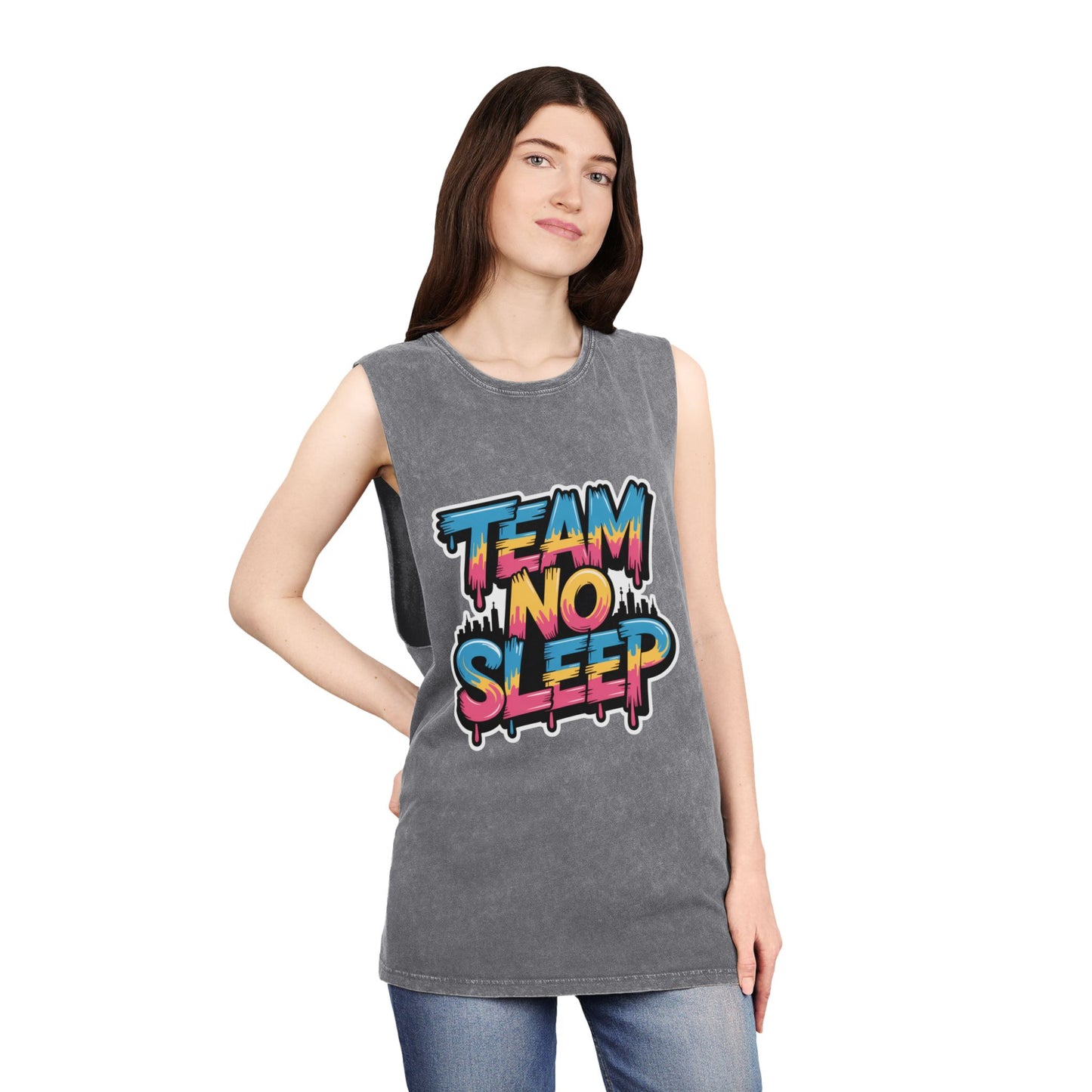 Stonewash Tank Top - Team No Sleep Graphic Tee, Unisex Summer Wear, Casual Fitness Shirt, Cool Gift for Night Owls, Party Apparel