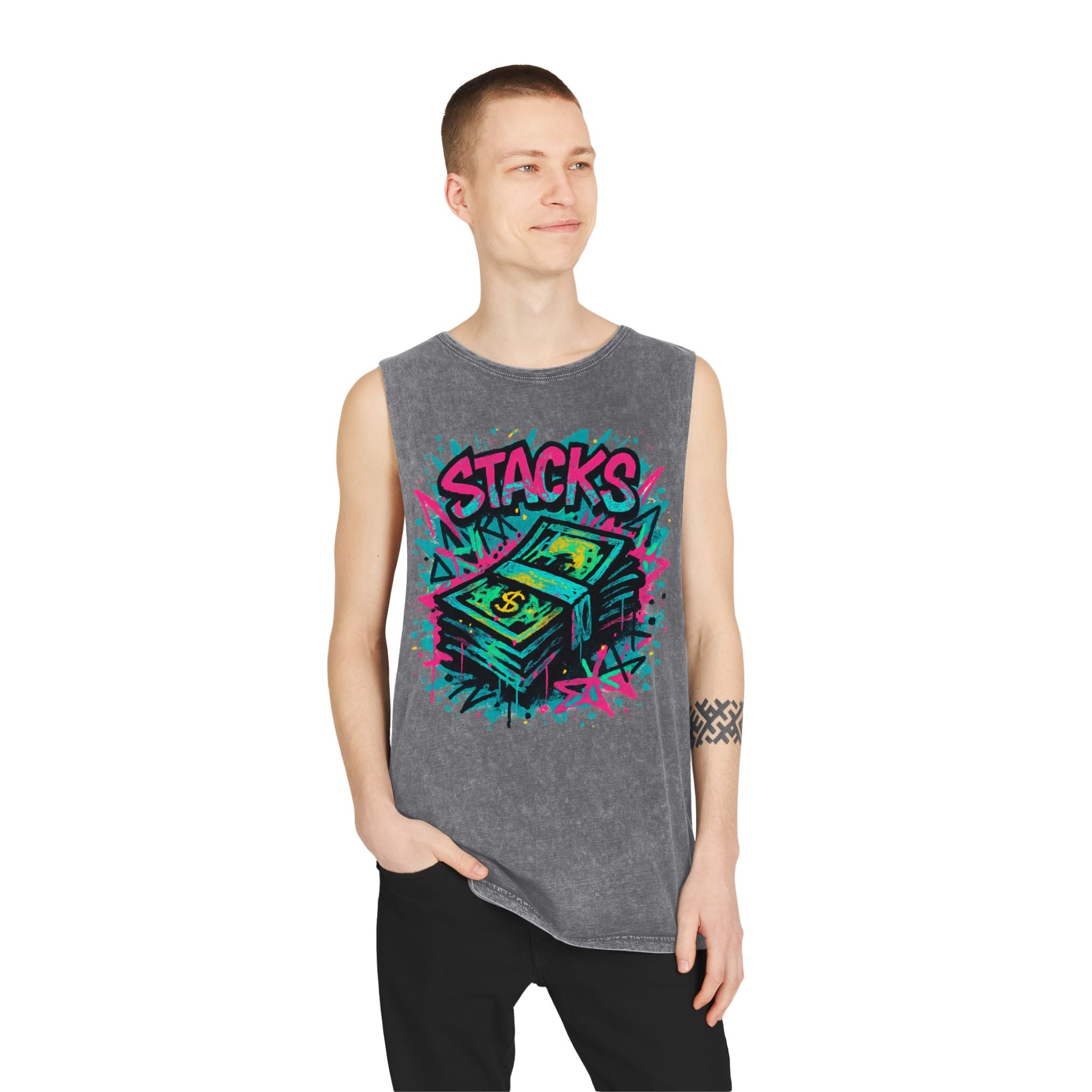 Tank Top Money Stacks Print Unisex Stonewash Tank Top