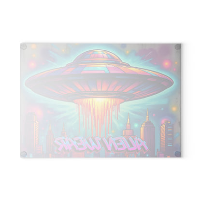Alien-Themed Glass Cutting Board, Unique Kitchen Gift, Retro Decor, Cosmic Cooking Accessory, Fun Housewarming Present
