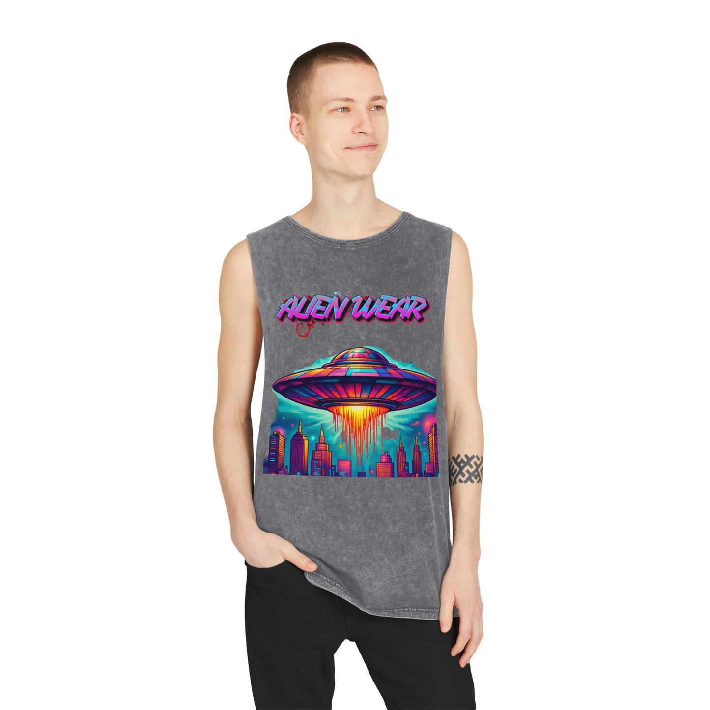 Unisex Alien Wear Stonewash Tank Top, Graphic Tees, Vintage Aesthetic Summer Shirt, Perfect for Parties, Music Festivals, Casual Wear